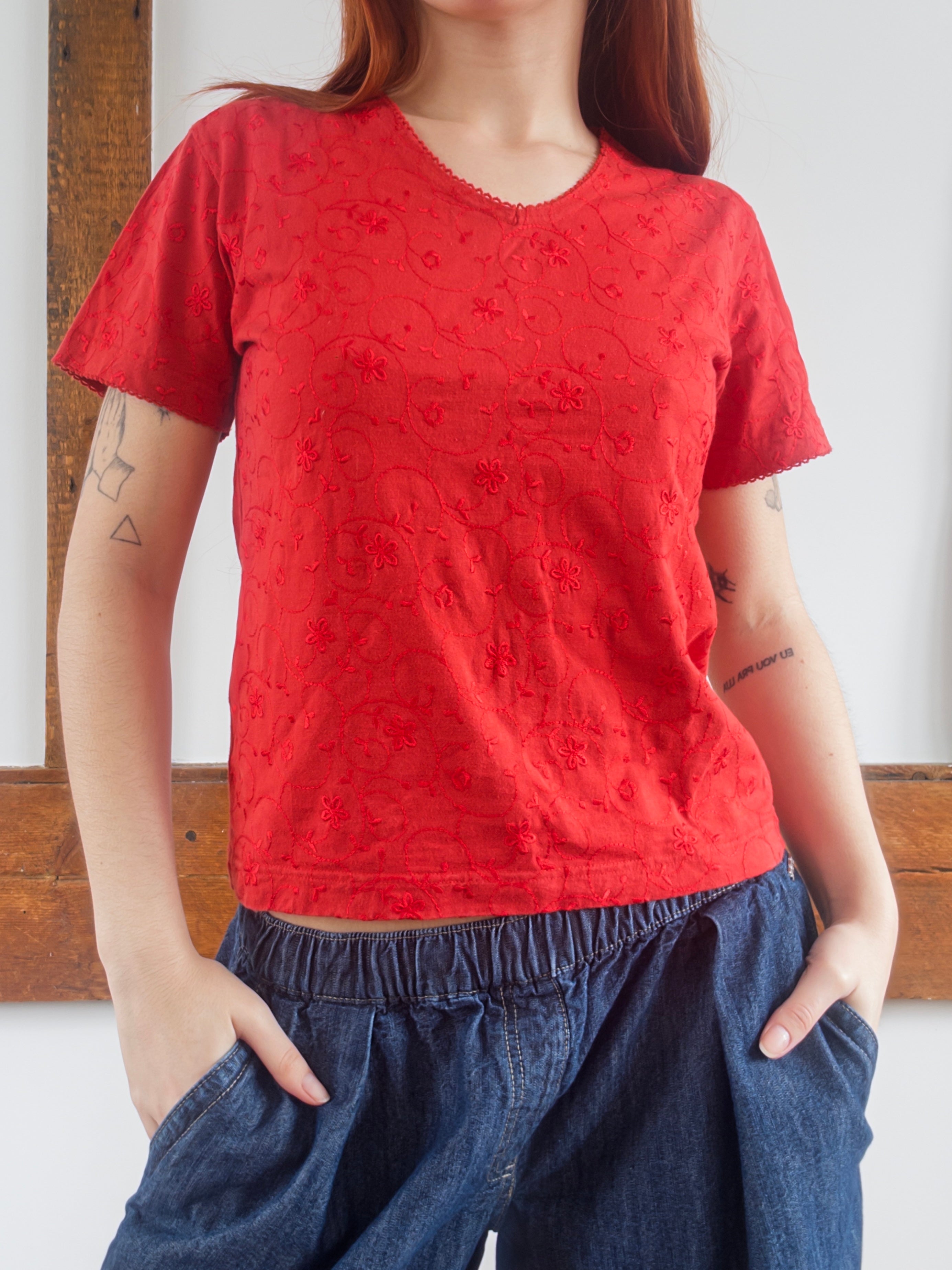 Red Cotton Embroidered Top