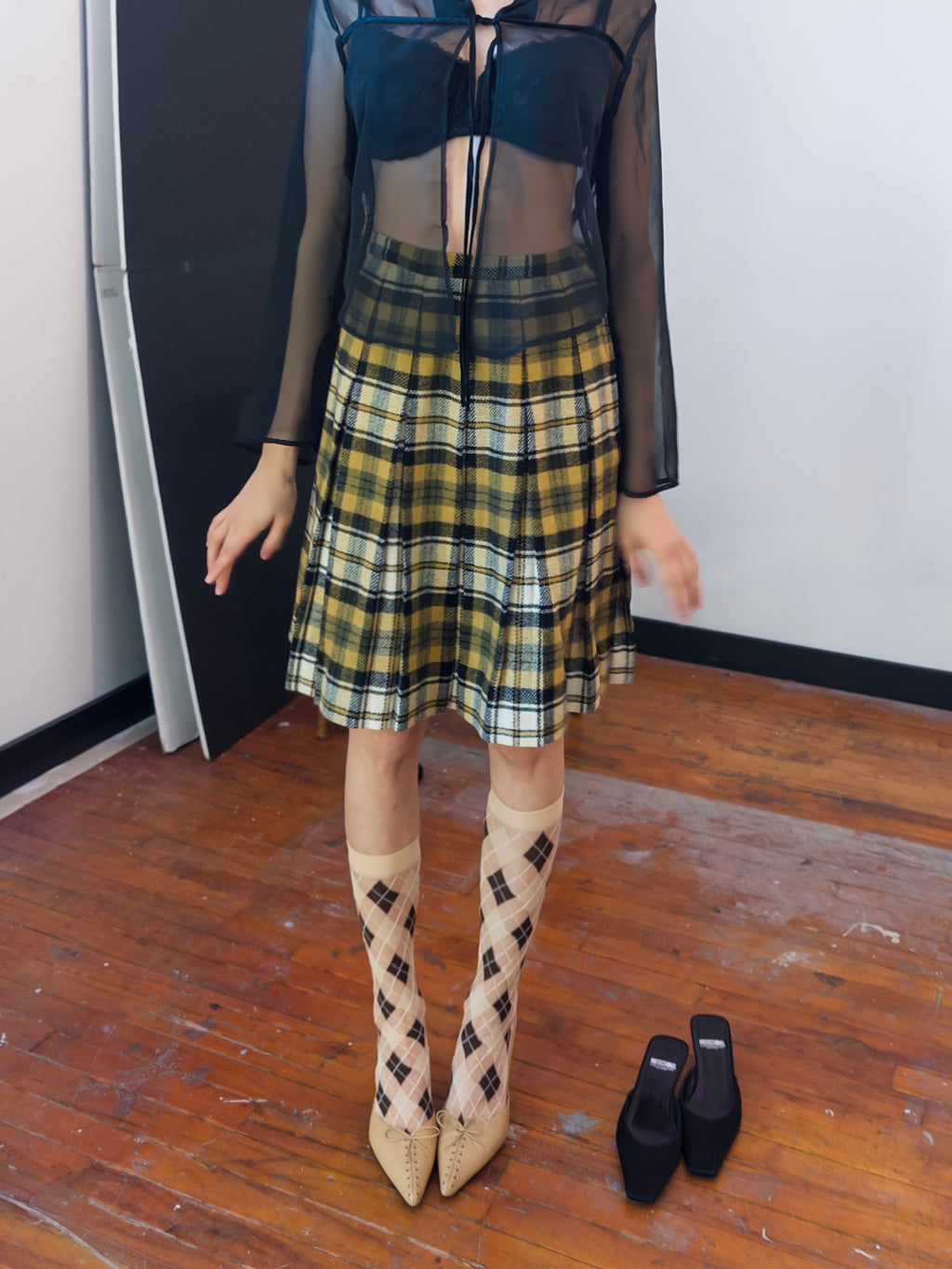 Yellow Tartan Midi Skirt
