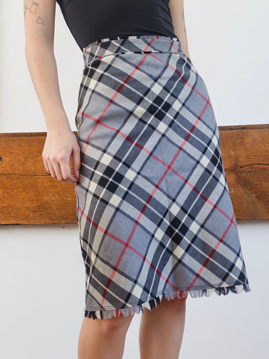 Grey Plaid Midi Skirt