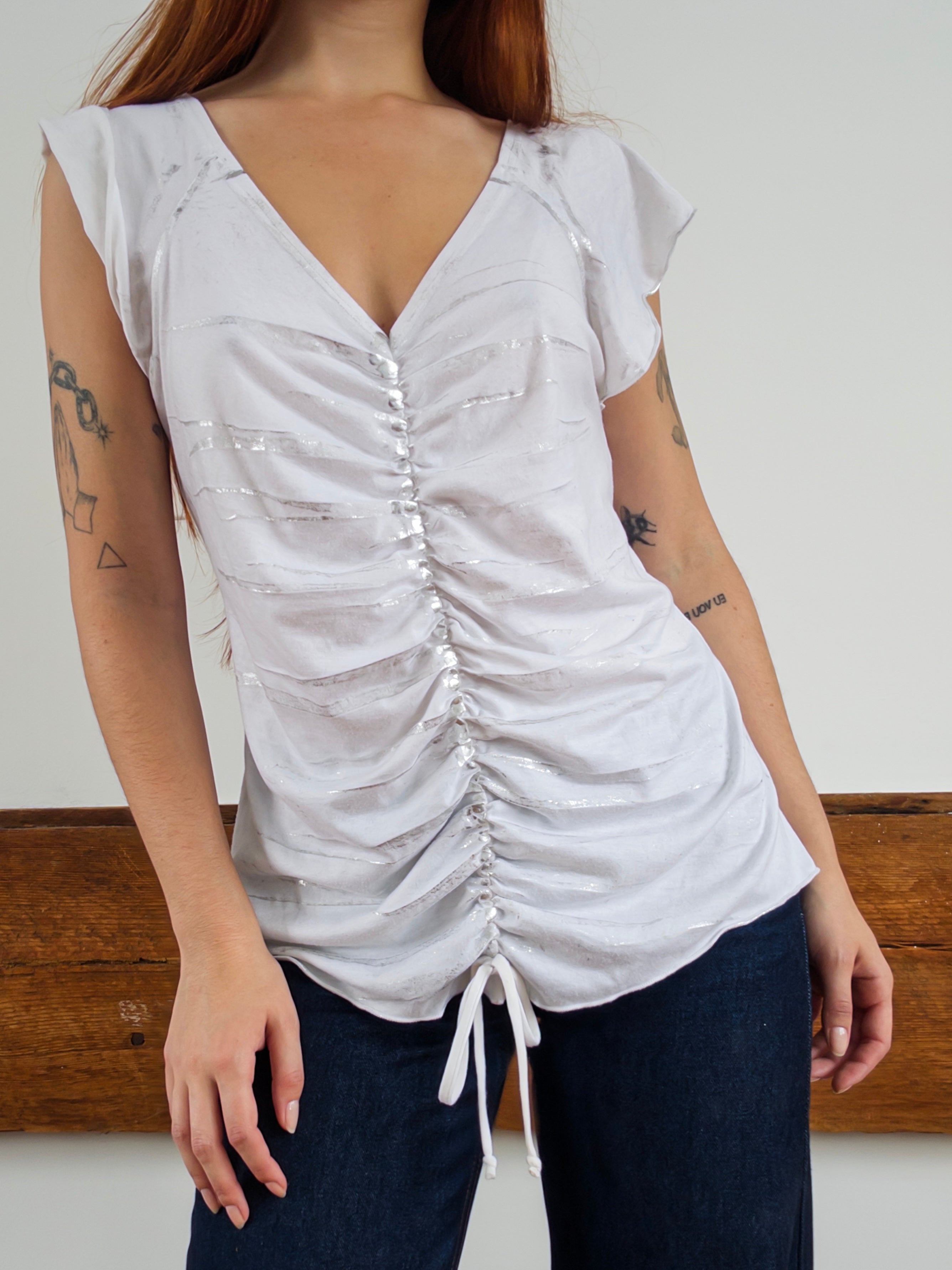 White + Silver Ruched Top