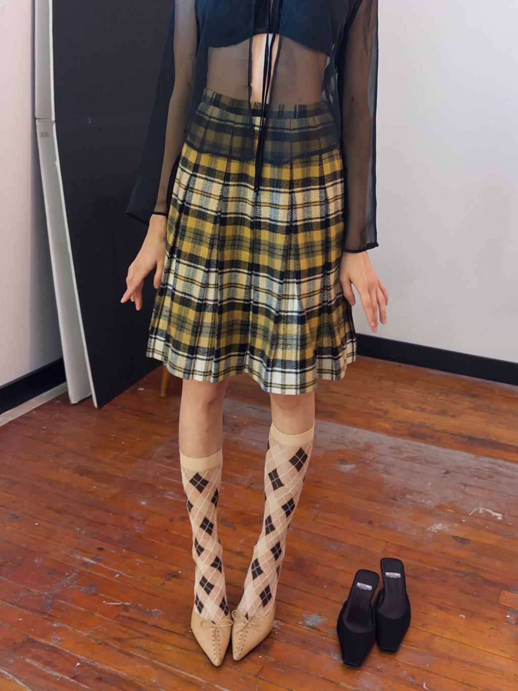 Yellow Tartan Midi Skirt