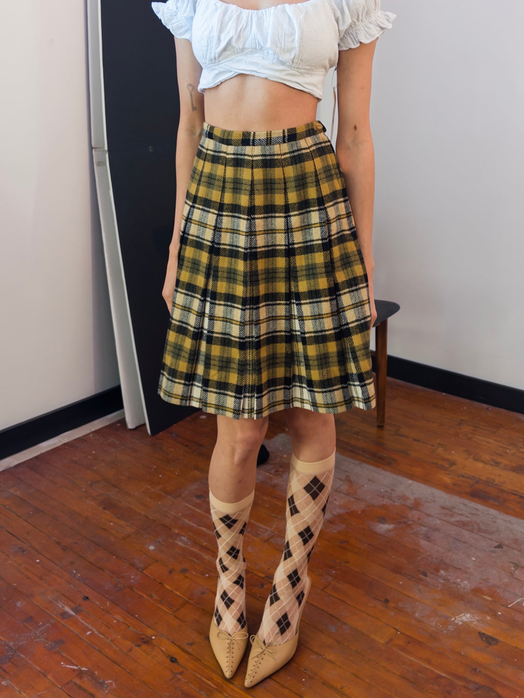Yellow Tartan Midi Skirt