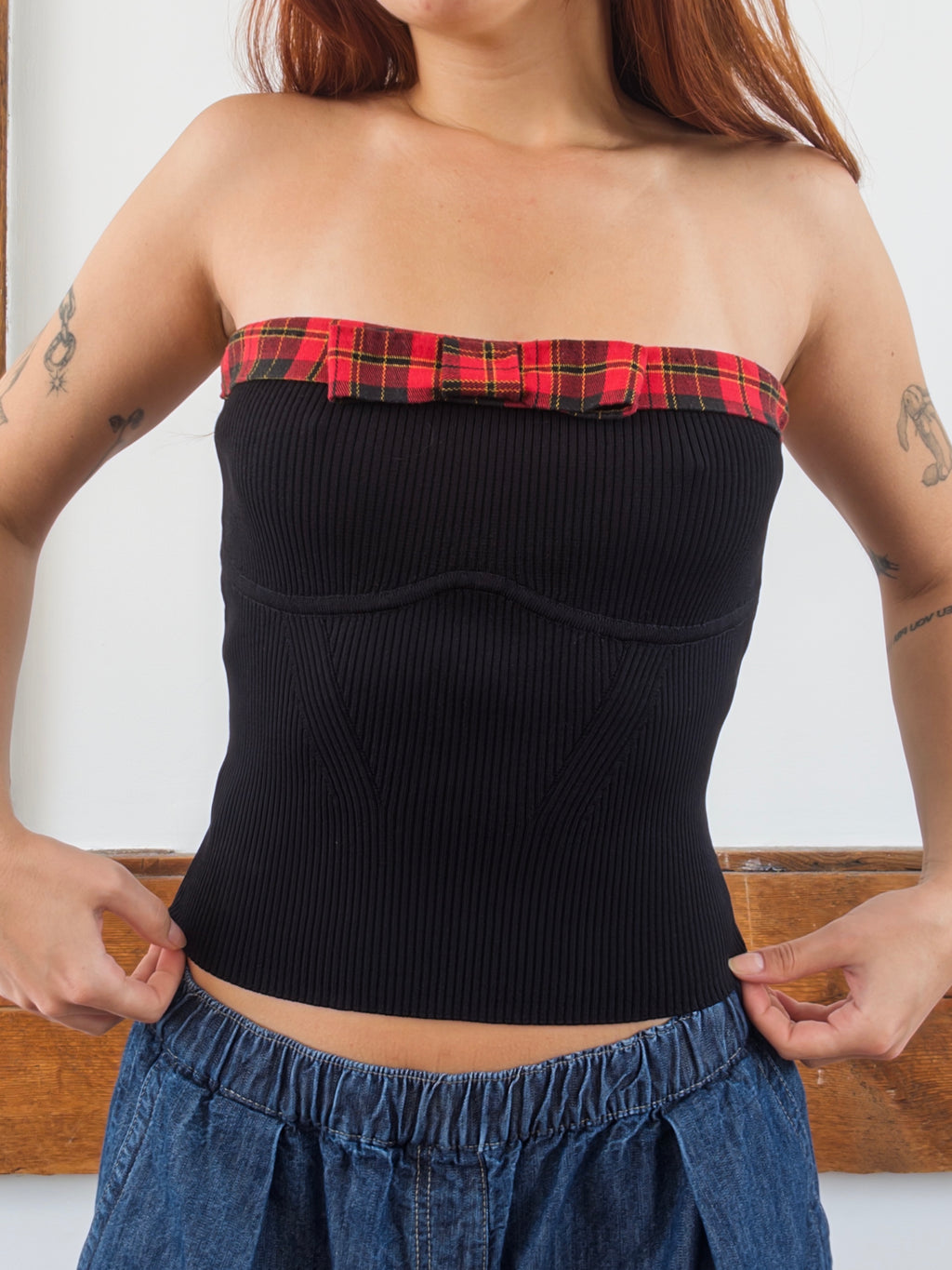 Plaid Ribbon Tube Top