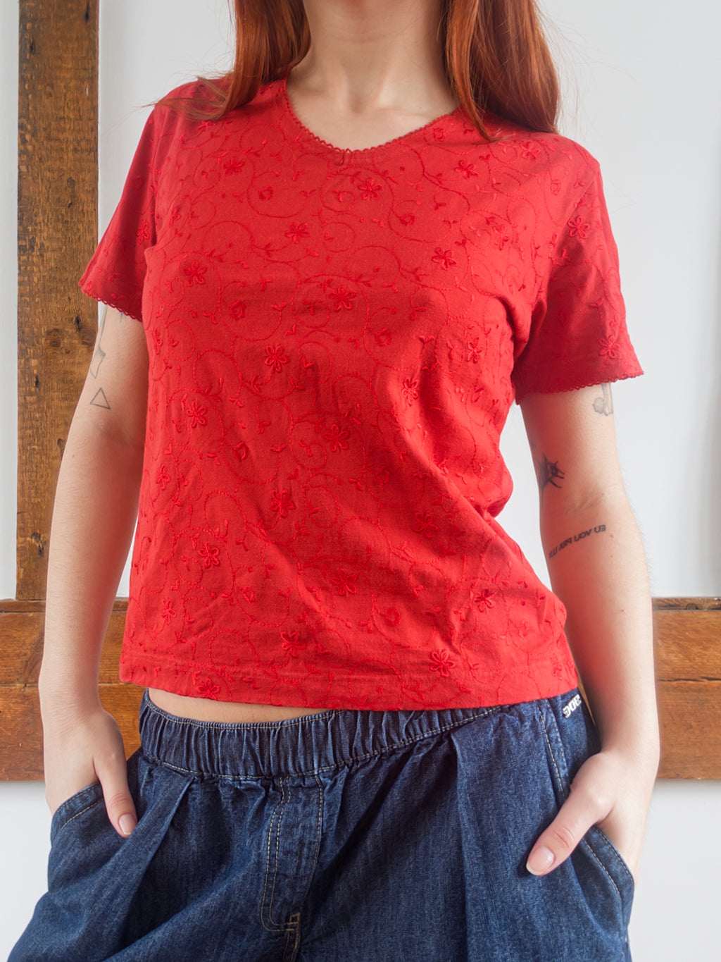 Red Cotton Embroidered Top